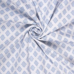 Light Blue Motif Print on White Premium Cotton Fabric