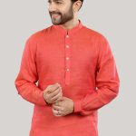 Coral Linen Kurta with Mandarin Collar