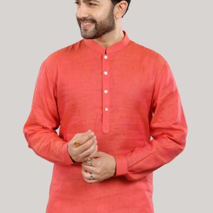 Coral Linen Kurta with Mandarin Collar