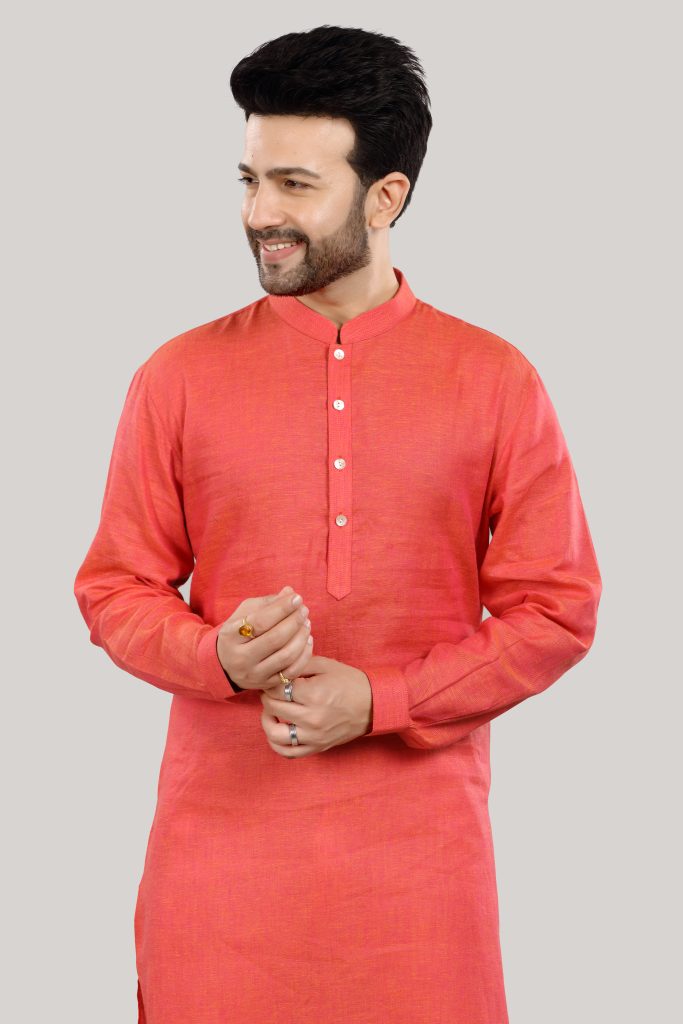Coral Linen Kurta with Mandarin Collar