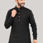 Black Linen Kurta with Mandarin Collar