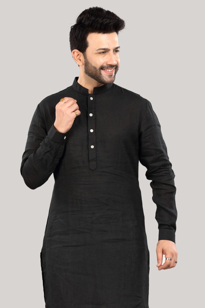 Black Linen Kurta with Mandarin Collar