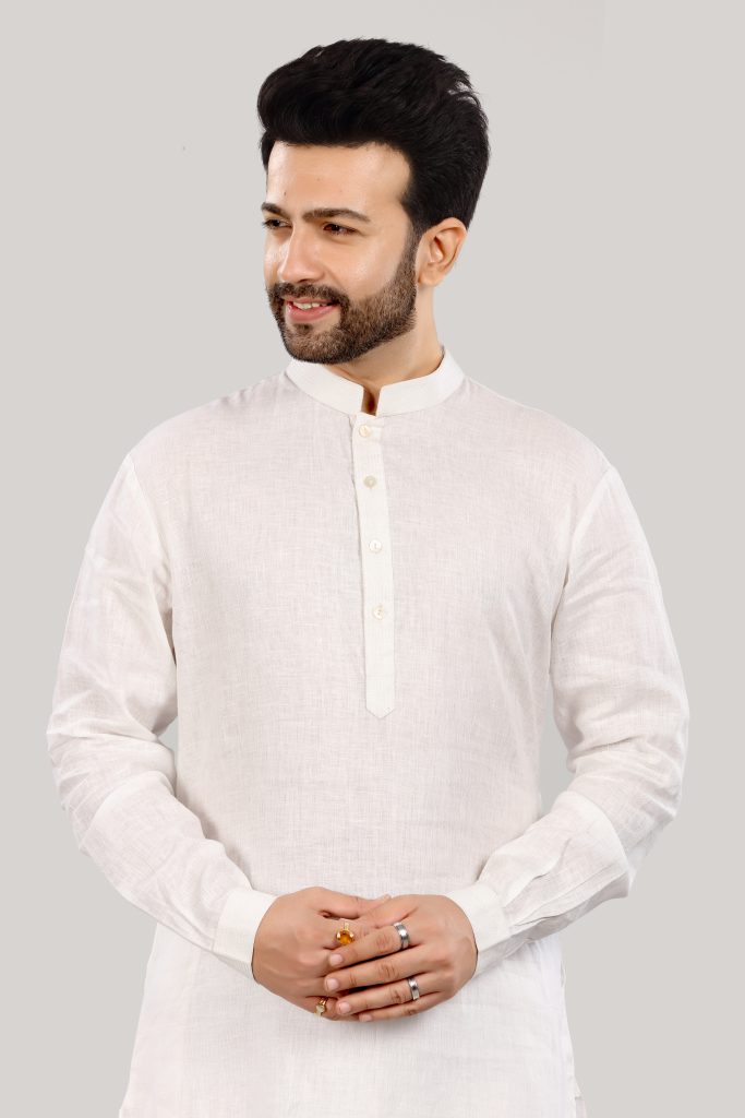 White Linen Kurta with Mandarin Collar