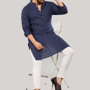 Navy Blue Linen Kurta for Men