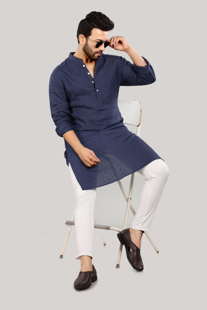Navy Blue Linen Kurta for Men