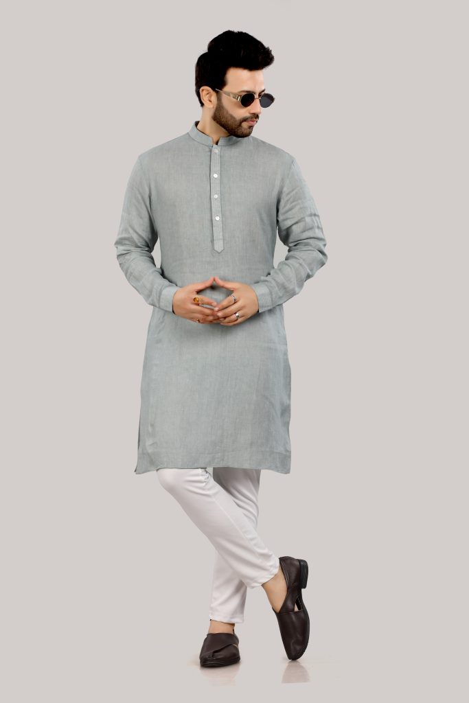 Elegant Linen Kurta for Men in Light Grey