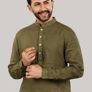 Elegant Olive Green Linen Kurta for Men