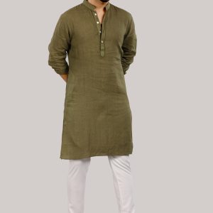 Olive Green Linen Kurta for Men