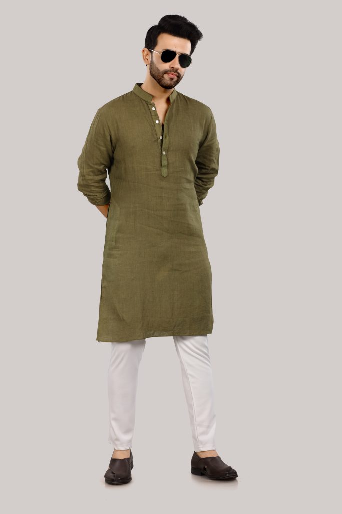 Olive Green Linen Kurta for Men