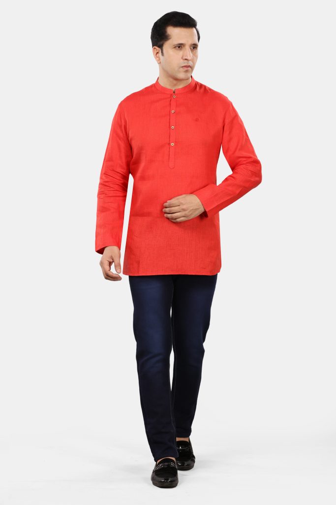 Flame Red Linen Short Kurta