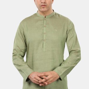 Sage Olive Linen Short Kurta with Mandarin Collar