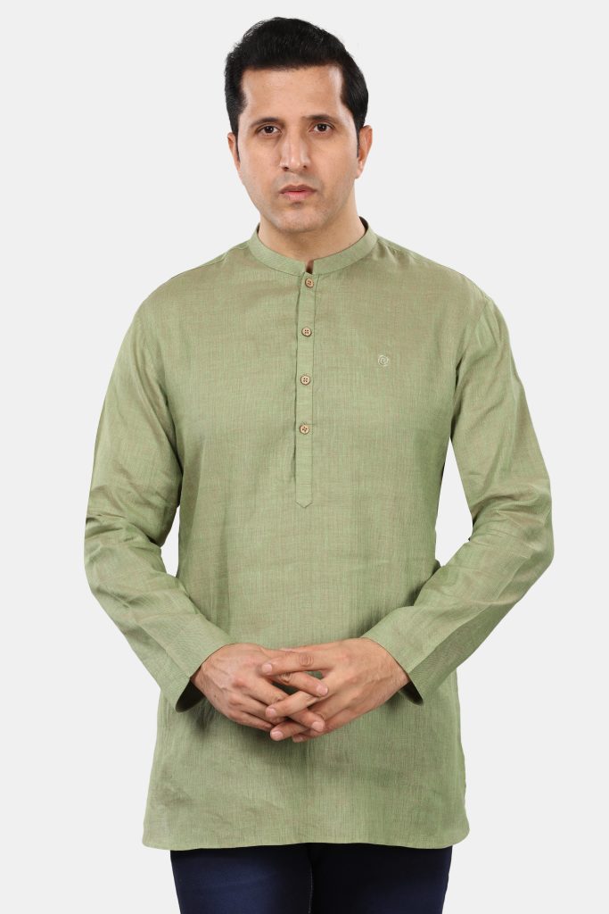 Sage Olive Linen Short Kurta with Mandarin Collar