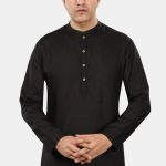 Black Linen Short Kurta with Mandarin Collar