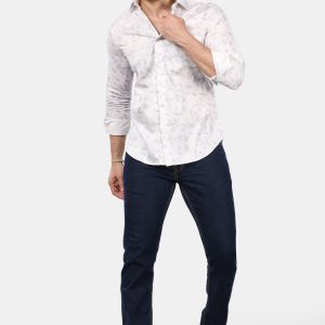 Man wearing a Giza Cotton Shirt with a subtle leaf pattern