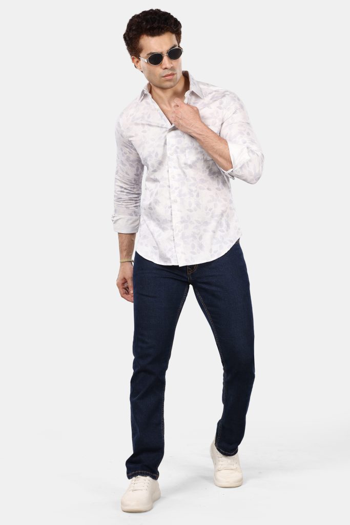 Man wearing a Giza Cotton Shirt with a subtle leaf pattern