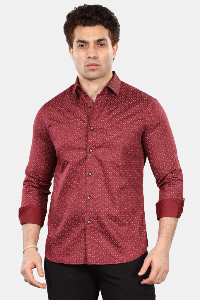 Maroon patterned men's shirt with long sleeves