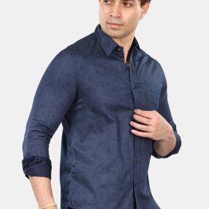 Men's Navy Blue Textured Slim Fit Shirt