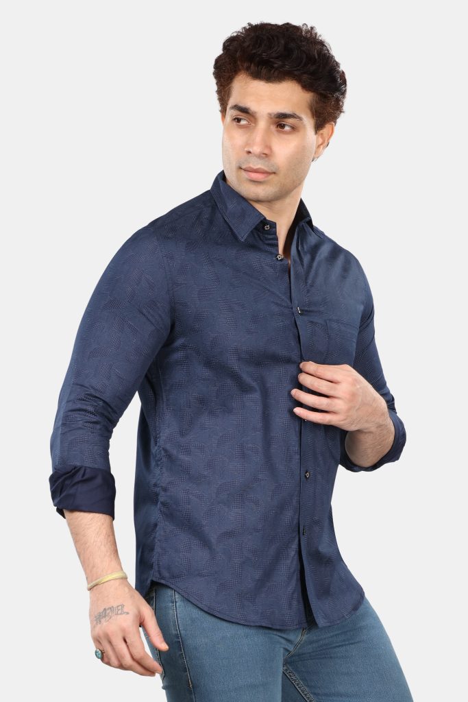 Men's Navy Blue Textured Slim Fit Shirt